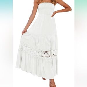ZESICA Bohemian Strapless Off Shoulder Lace Trim Backless A Line Maxi Dress